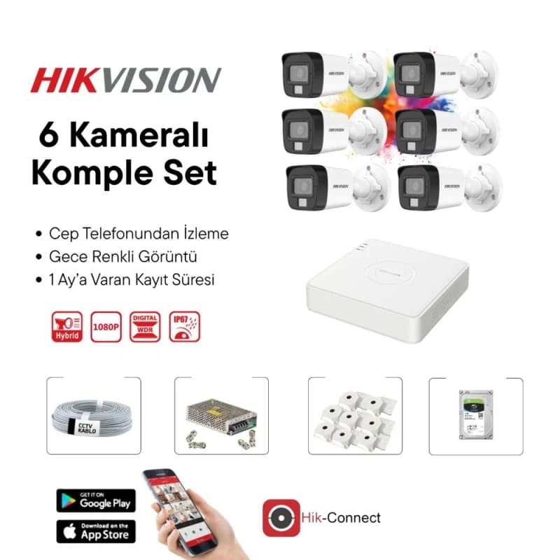 Hikvision 6 Kameralı Gece Renkli Görüşlü Full HD AHD Güvenlik Kamera Seti – DVR Kayıt Cihazı Dahil CCTV Kamera Sistemi - AHD HAZIR KAMERA SETLERİ - Hikvision