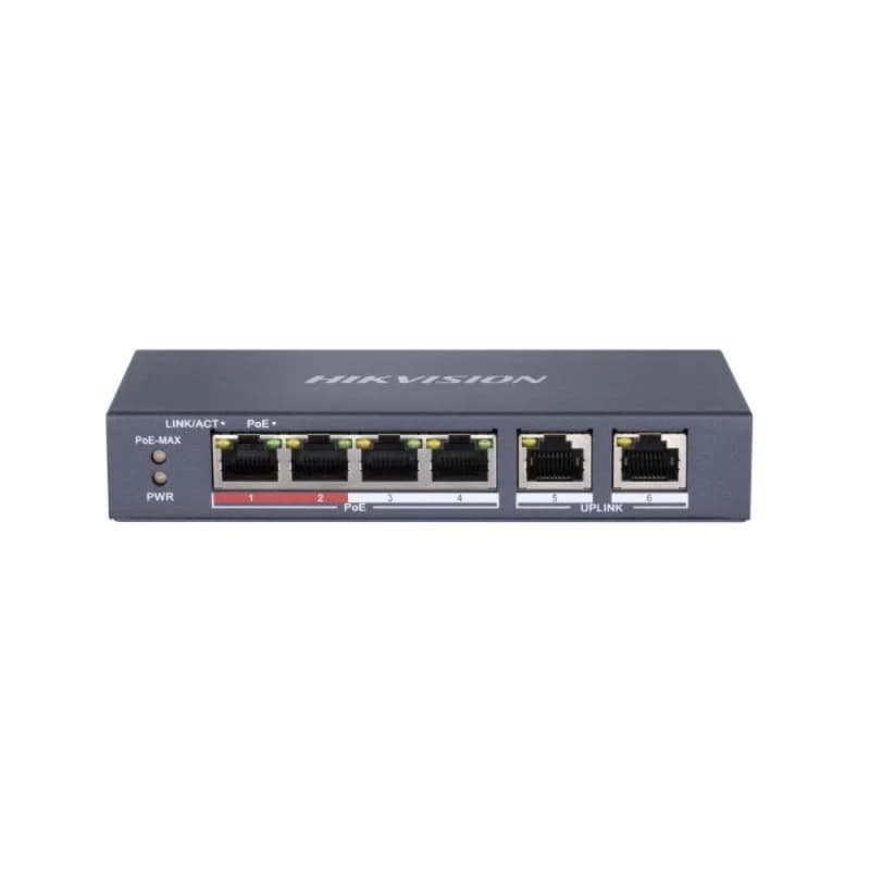 Hikvision DS-3E0106P-E/M 6 Port Fast Ethernet Yönetilemez PoE Switch (4×PoE + 2×Uplink, 35W PoE Bütçesi, 300 m Extend Modu) - POE SWITCH - Hikvision