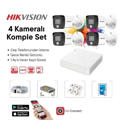 Hikvision 4 Kameralı Full HD Gece Renkli Görüşlü AHD Güvenlik Kamera Seti - Hikvision