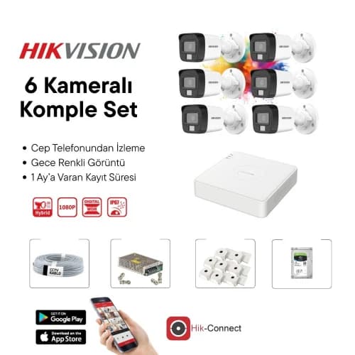 Hikvision 6 Kameralı Gece Renkli Görüşlü Full HD AHD Güvenlik Kamera Seti – DVR Kayıt Cihazı Dahil CCTV Kamera Sistemi - Hikvision