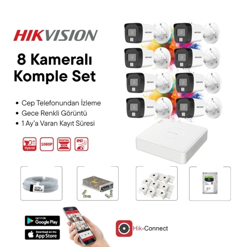 Hikvision 8 Kameralı Gece Renkli Görüşlü Full HD AHD Güvenlik Kamera Seti – DVR Kayıt Cihazlı CCTV Kamera Sistemi - AHD HAZIR KAMERA SETLERİ - Hikvision
